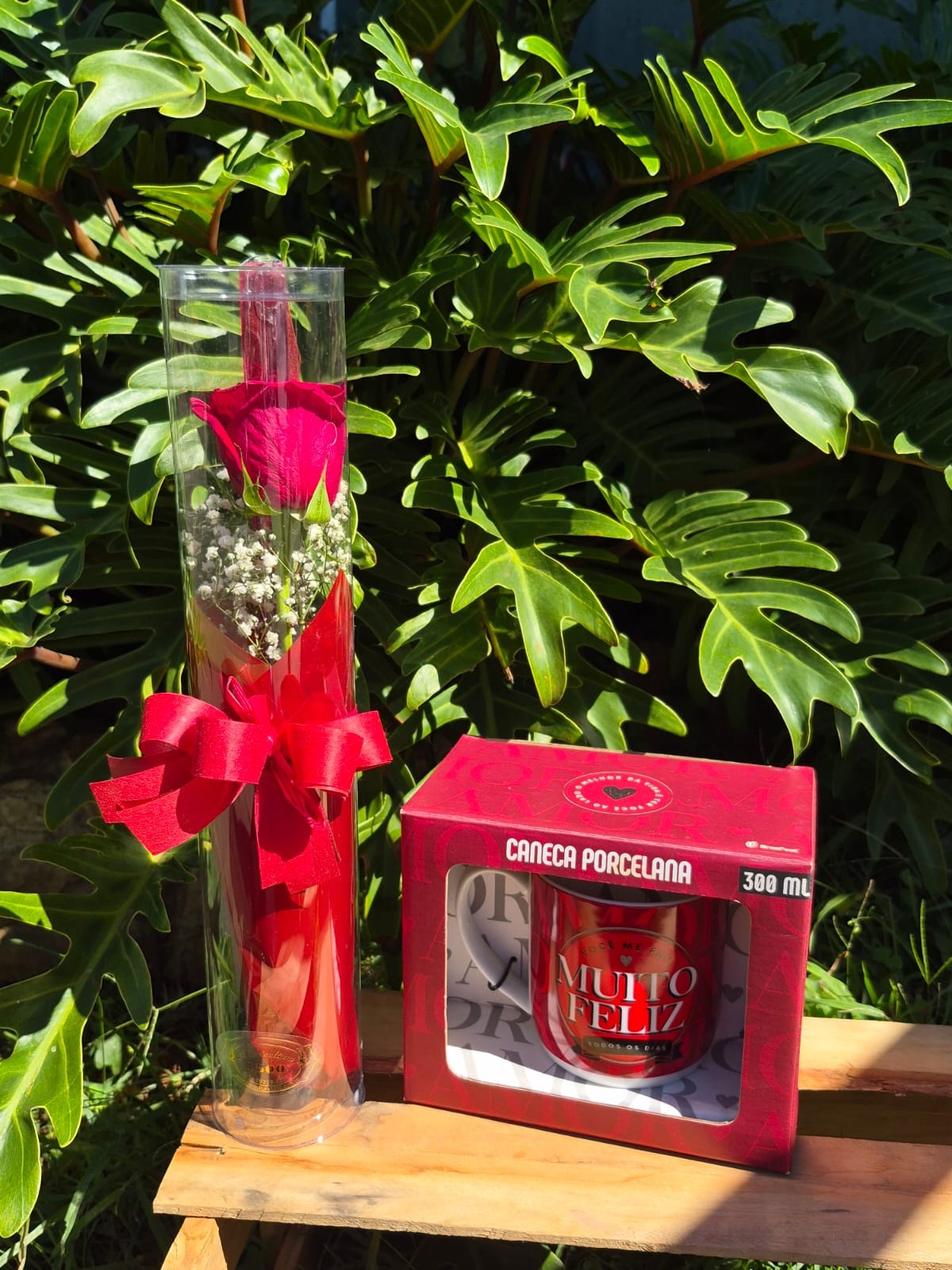 Botão rosa no tubo caneca de amor